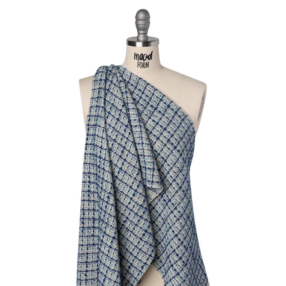 Metallic Wool Blend Boucle Tweed Made in Italy - White, Sky Blue and Cobalt Checks - Drape