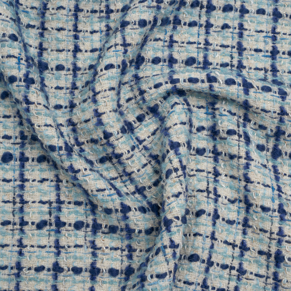 Metallic Wool Blend Boucle Tweed Made in Italy - White, Sky Blue and Cobalt Checks