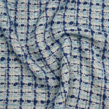 Metallic Wool Blend Boucle Tweed Made in Italy - White, Sky Blue and Cobalt Checks