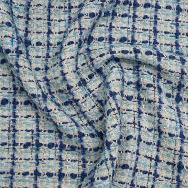 Metallic Wool Blend Boucle Tweed Made in Italy - White, Sky Blue and Cobalt Checks