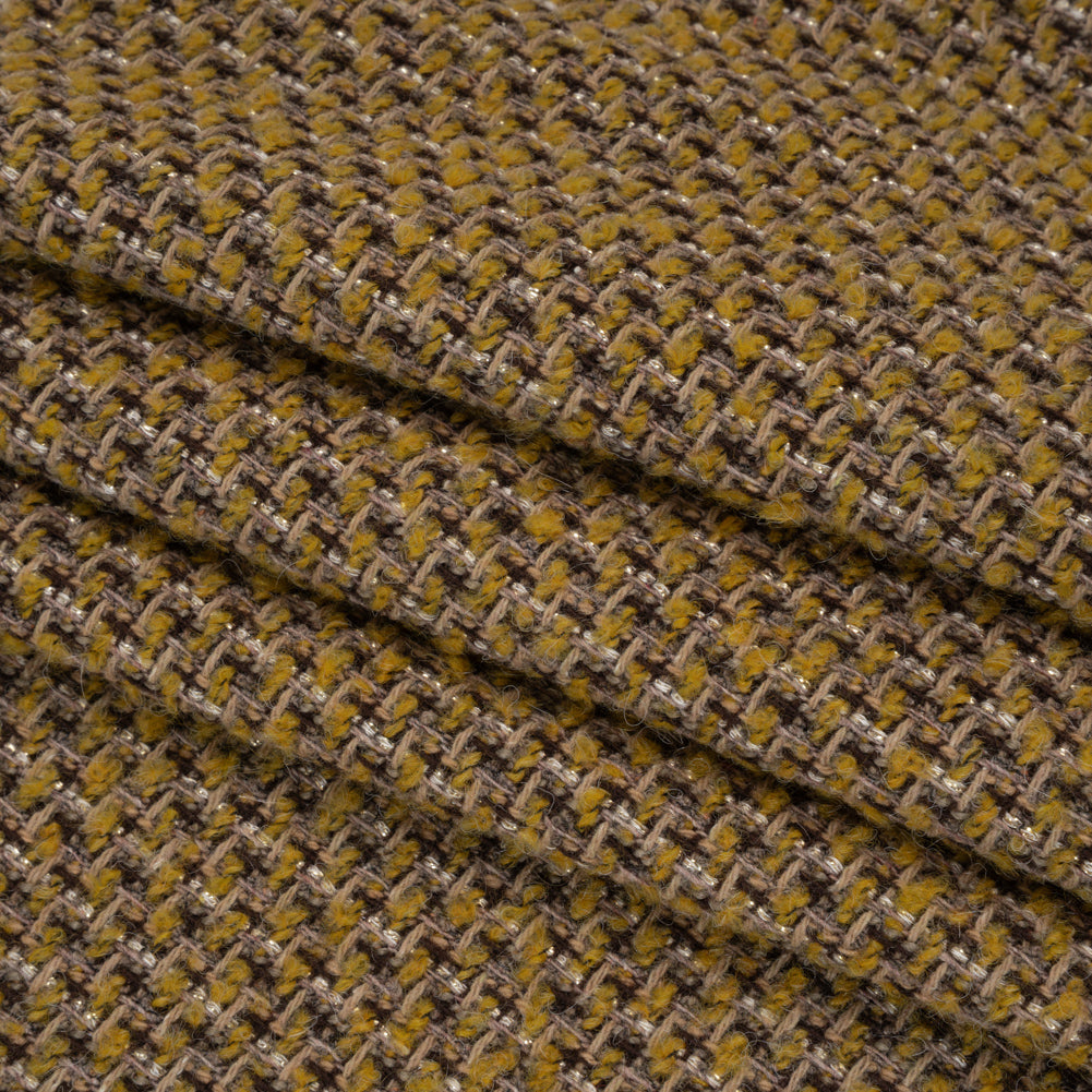 Metallic Tweedy Wool Blend Boucle Woven Made in Italy - Mustard Yellow, Brown and Gold - Folded