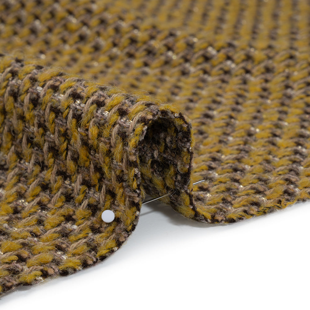 Metallic Tweedy Wool Blend Boucle Woven Made in Italy - Mustard Yellow, Brown and Gold - Detail
