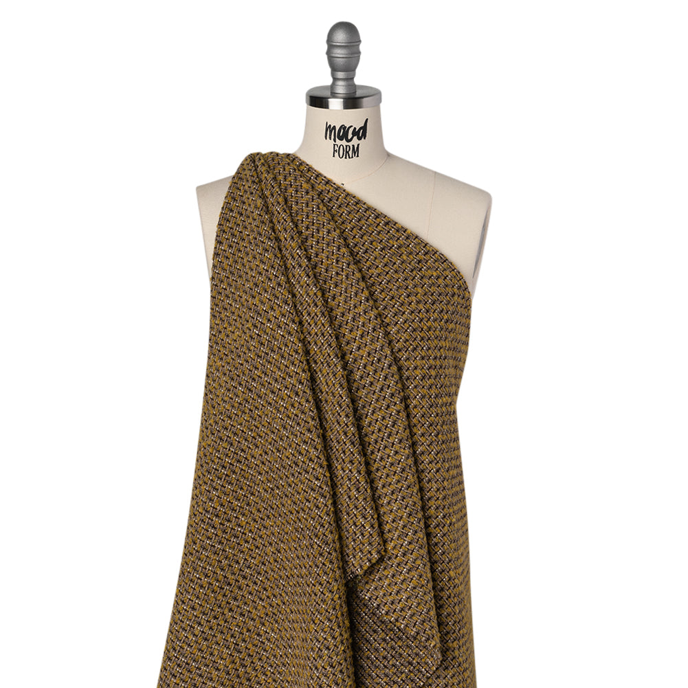 Metallic Tweedy Wool Blend Boucle Woven Made in Italy - Mustard Yellow, Brown and Gold - Drape