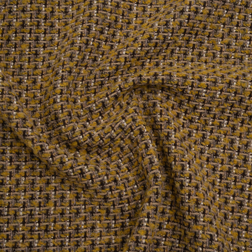 Metallic Tweedy Wool Blend Boucle Woven Made in Italy - Mustard Yellow, Brown and Gold