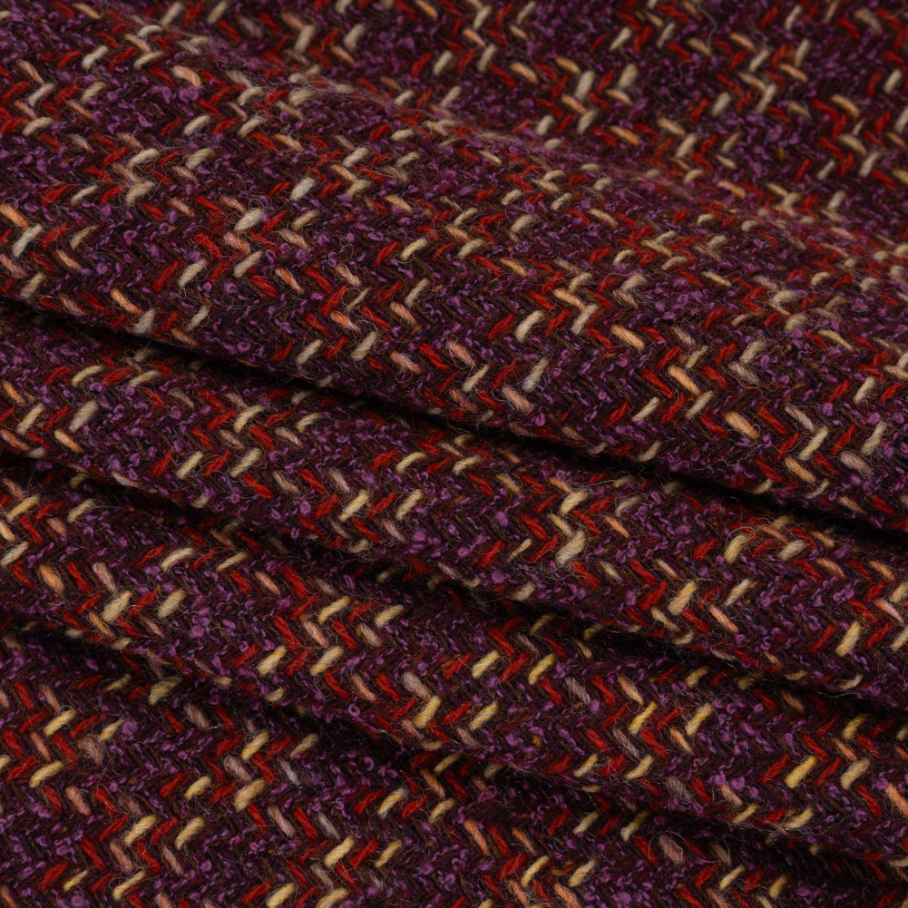 Wool Blend Tweed Twill Made in Italy - Purple, Red and Tan Checks - Folded