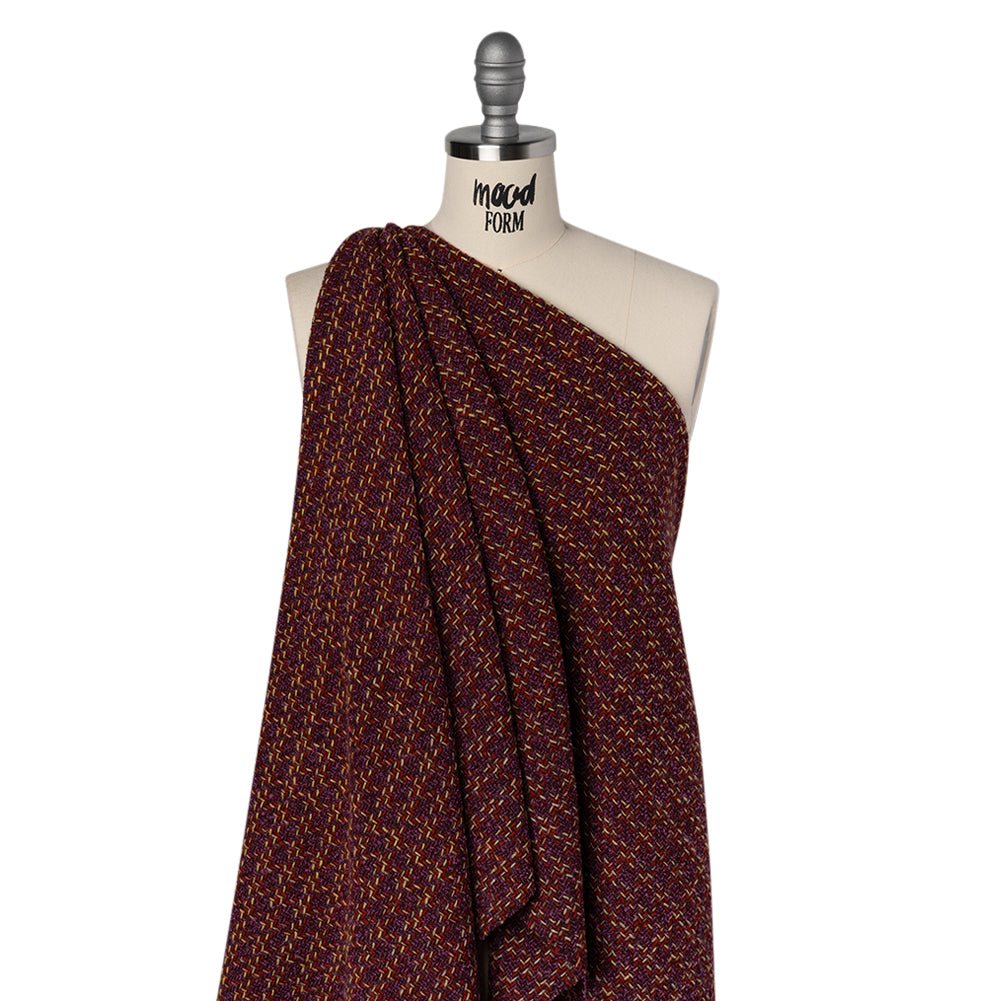 Wool Blend Tweed Twill Made in Italy - Purple, Red and Tan Checks - Drape