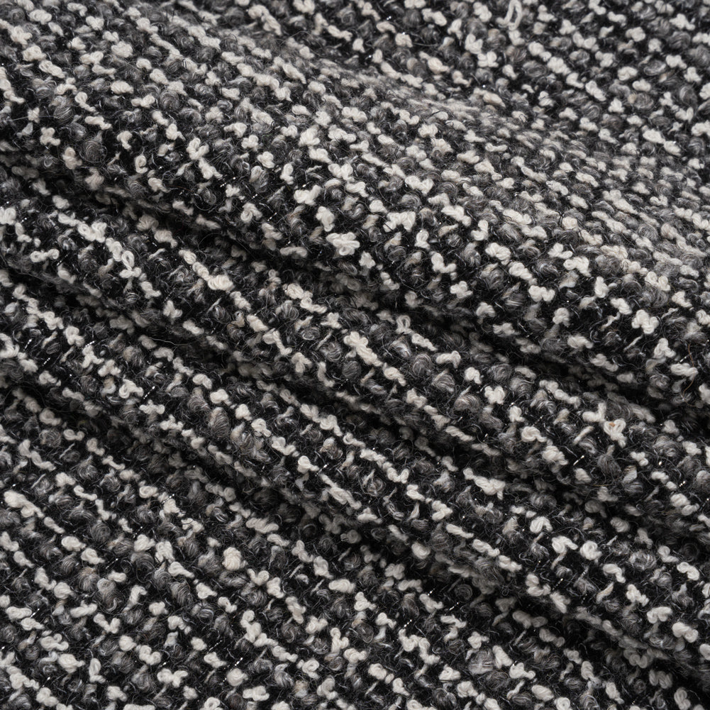 Metallic Wool Blend Boucle Coating Made in Italy - Gray, White and Silver Tweedy Stripes - Folded