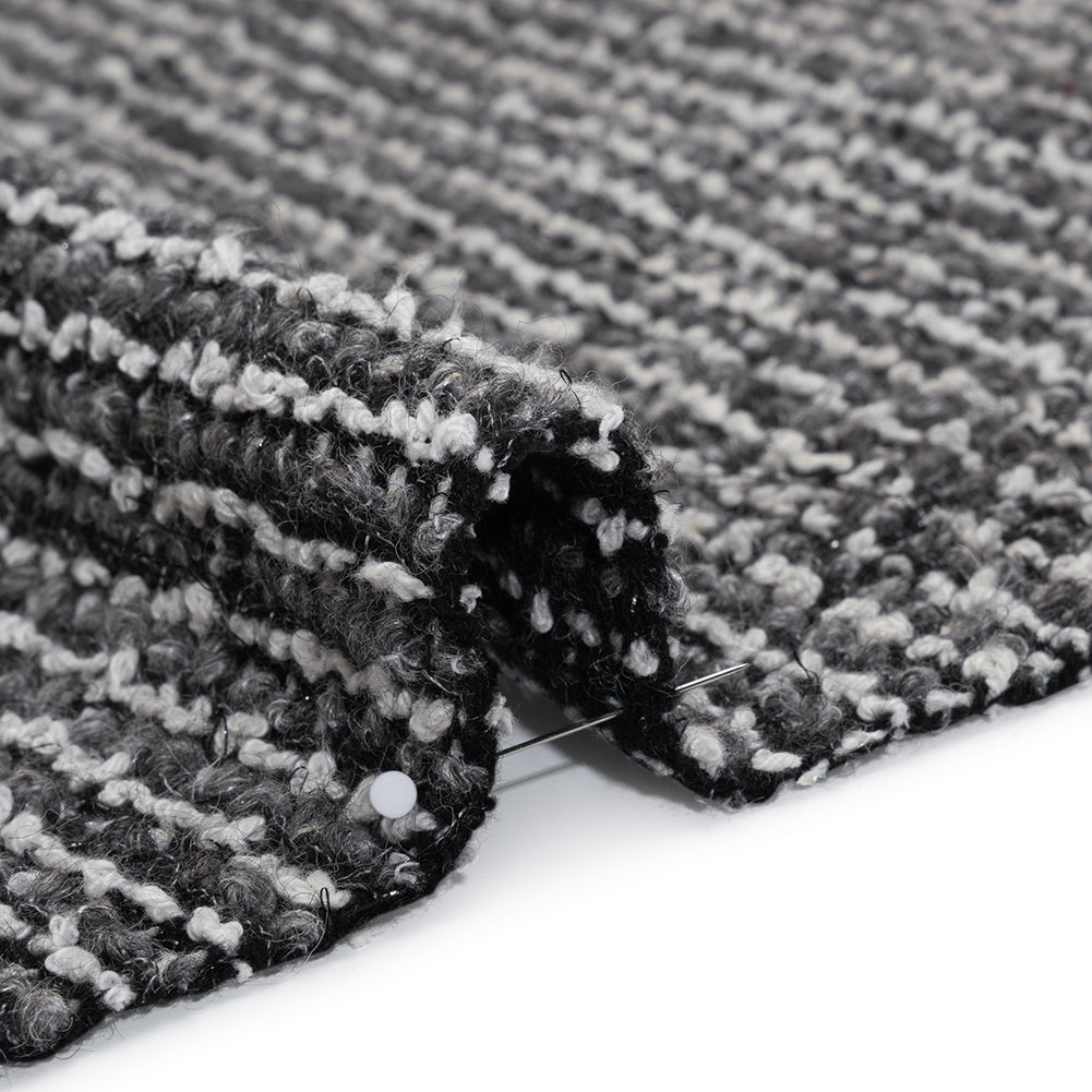Metallic Wool Blend Boucle Coating Made in Italy - Gray, White and Silver Tweedy Stripes - Detail