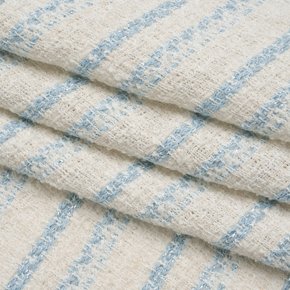 Metallic Wool Blend Loosely Woven Tweed Made in Italy - Off White, Baby Blue and Silver Stripes - Folded