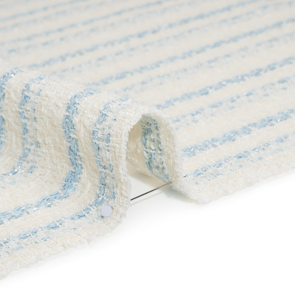 Metallic Wool Blend Loosely Woven Tweed Made in Italy - Off White, Baby Blue and Silver Stripes - Detail