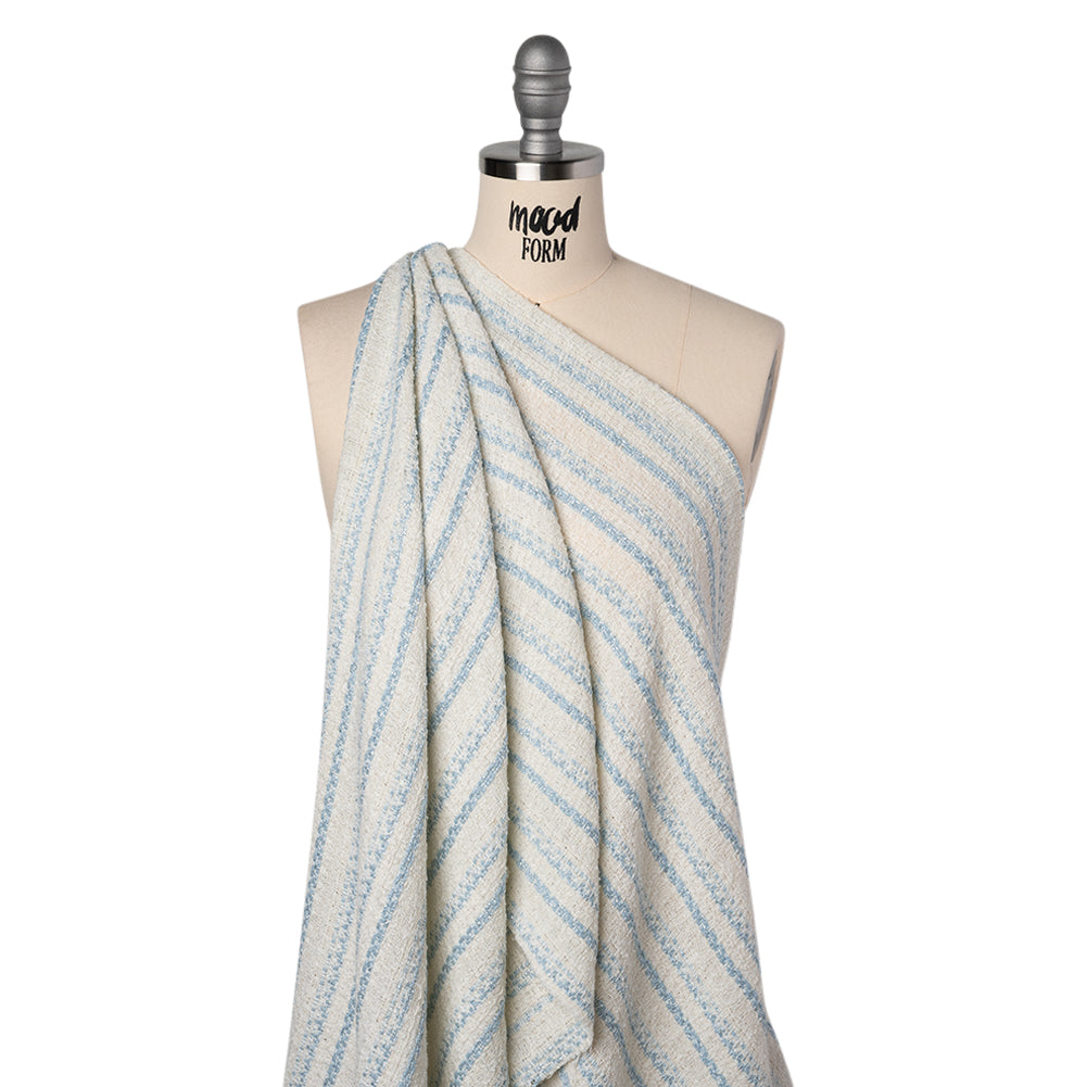 Metallic Wool Blend Loosely Woven Tweed Made in Italy - Off White, Baby Blue and Silver Stripes - Drape