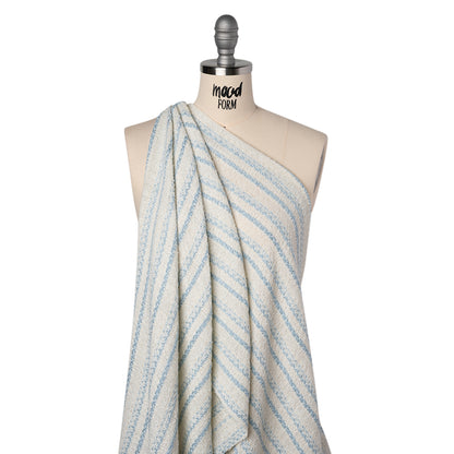 Metallic Wool Blend Loosely Woven Tweed Made in Italy - Off White, Baby Blue and Silver Stripes