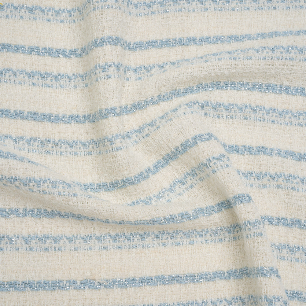 Metallic Wool Blend Loosely Woven Tweed Made in Italy - Off White, Baby Blue and Silver Stripes