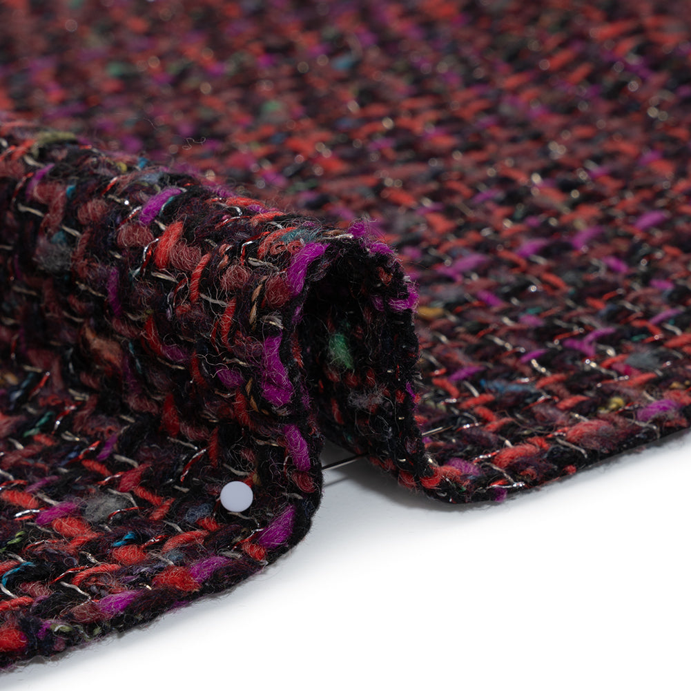 Metallic Wool Blend Tweed Made in Italy - Black, Red and Purple Striated - Detail