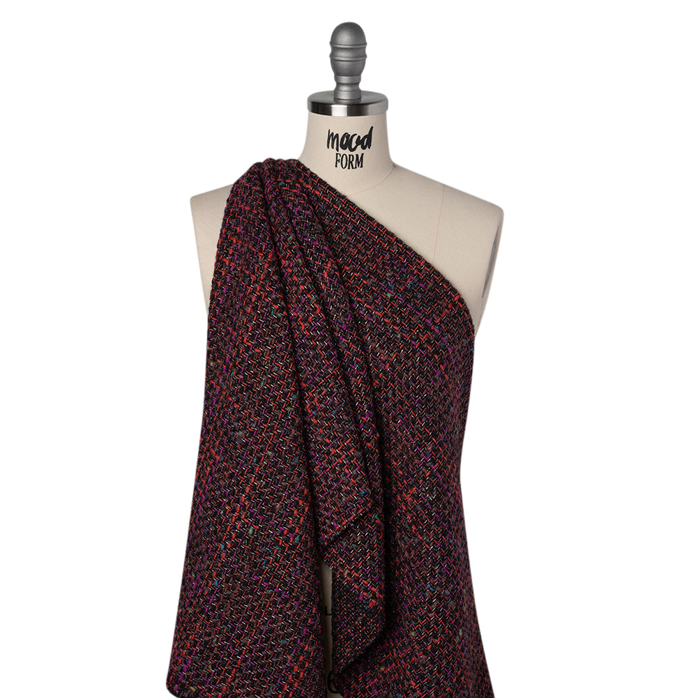 Metallic Wool Blend Tweed Made in Italy - Black, Red and Purple Striated - Drape