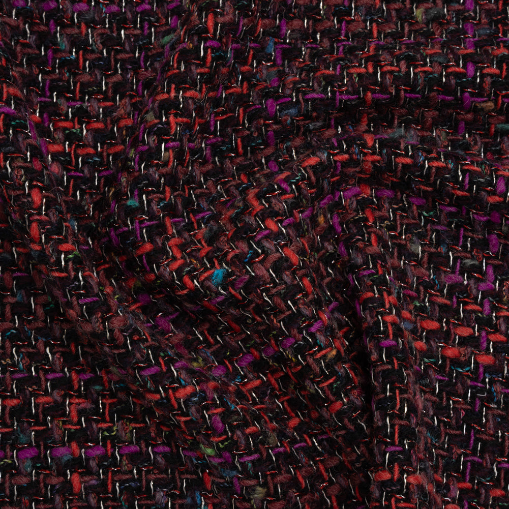 Metallic Wool Blend Tweed Made in Italy - Black, Red and Purple Striated