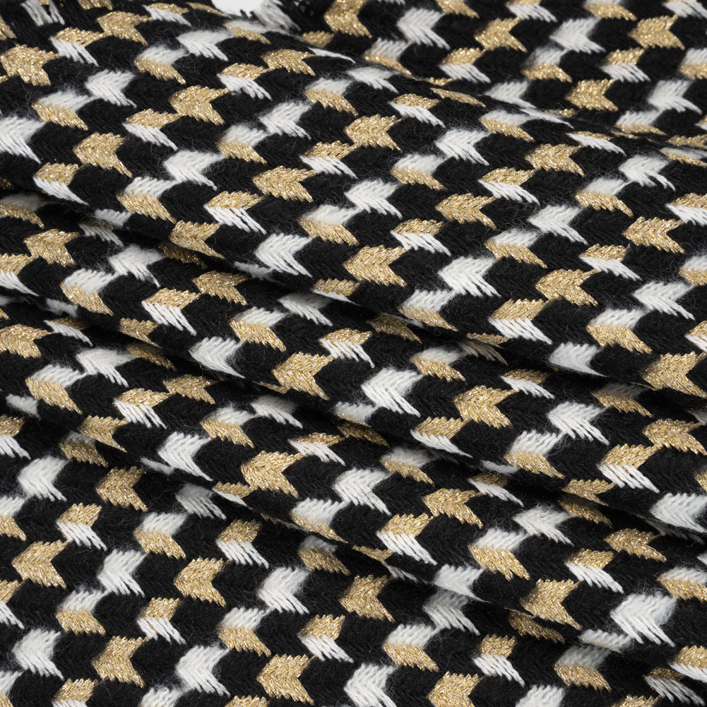 Metallic Wool and Acrylic Tweed Twill - Black, Gold and White Geometric - Deadstock - Folded