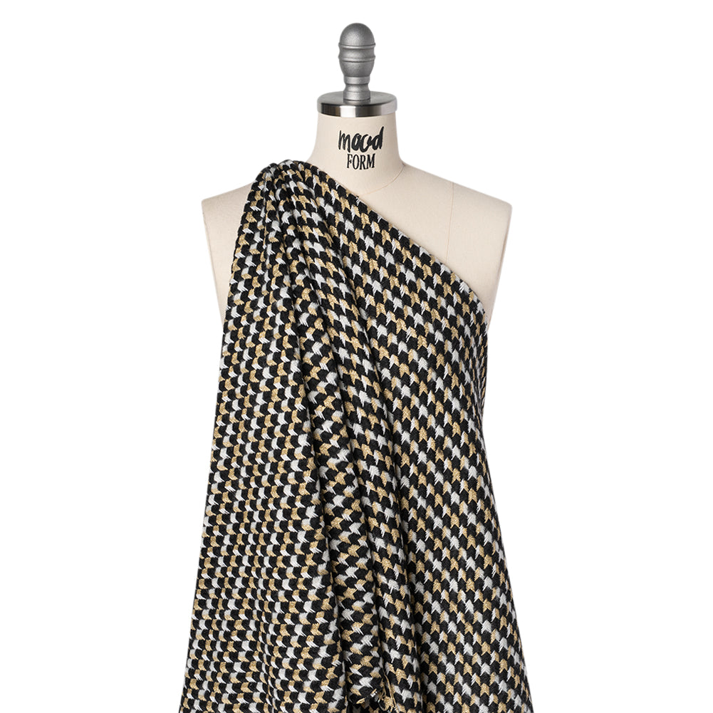 Metallic Wool and Acrylic Tweed Twill - Black, Gold and White Geometric - Deadstock - Drape