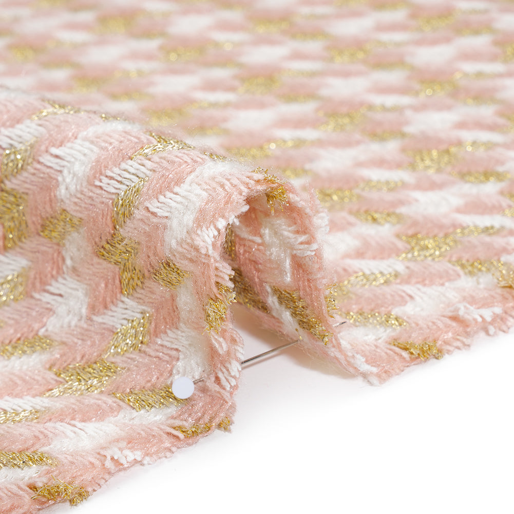 Metallic Wool and Acrylic Tweed Twill - Pink, Gold and White Geometric - Deadstock Detail