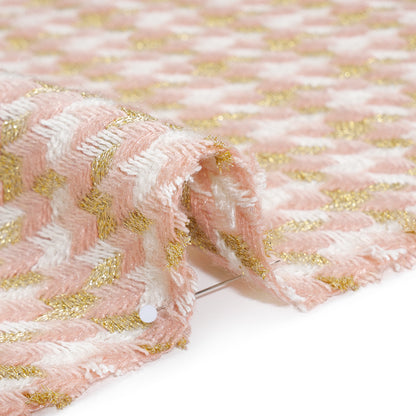 Metallic Wool and Acrylic Tweed Twill - Pink, Gold and White Geometric - Deadstock Detail
