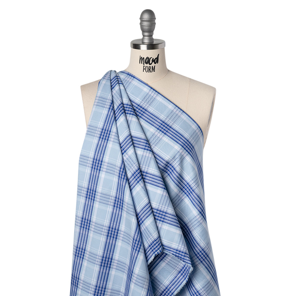 Cotton Oxford Shirting - Sky and Cobalt Blue Plaid - Deadstock Drape