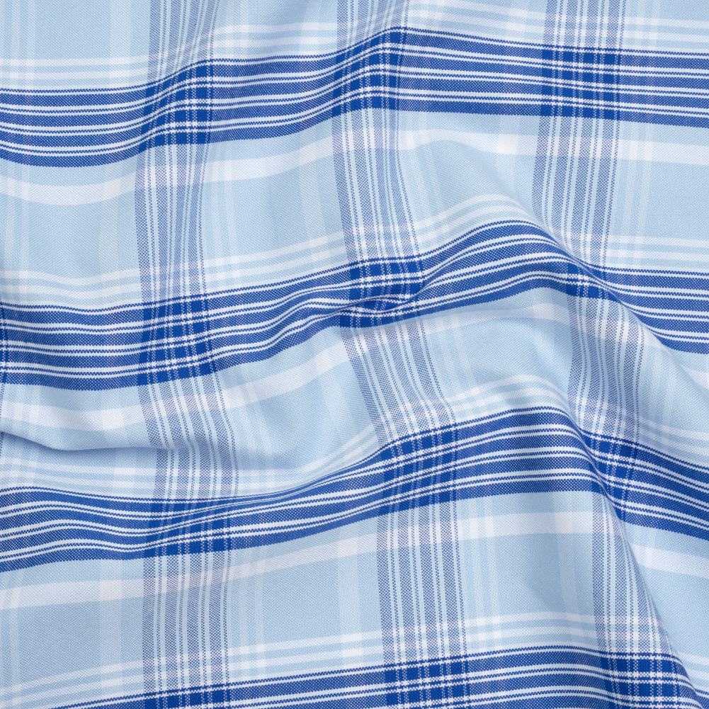 Cotton Oxford Shirting - Sky and Cobalt Blue Plaid - Deadstock