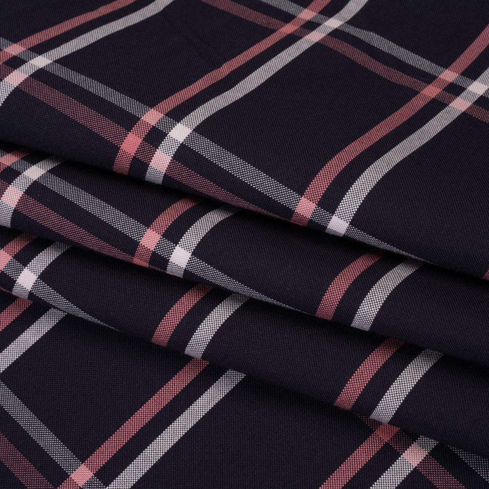 Cotton Oxford Shirting - Dark Navy, Rose Pink and White Windowpane Plaid - Deadstock Folded