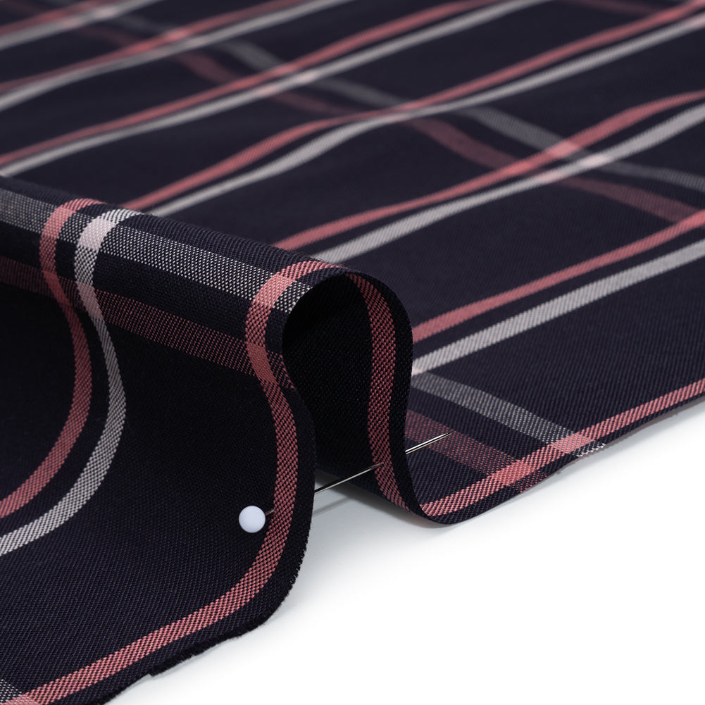 Cotton Oxford Shirting - Dark Navy, Rose Pink and White Windowpane Plaid - Deadstock Detail