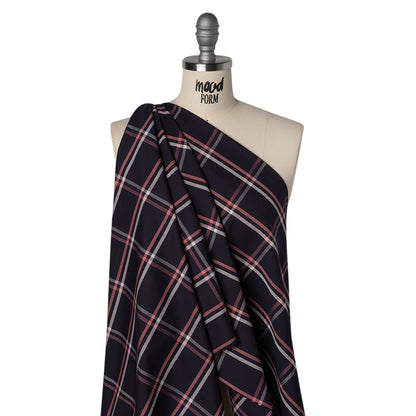 Cotton Oxford Shirting - Dark Navy, Rose Pink and White Windowpane Plaid - Deadstock Drape