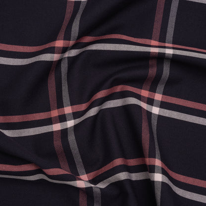 Cotton Oxford Shirting - Dark Navy, Rose Pink and White Windowpane Plaid - Deadstock