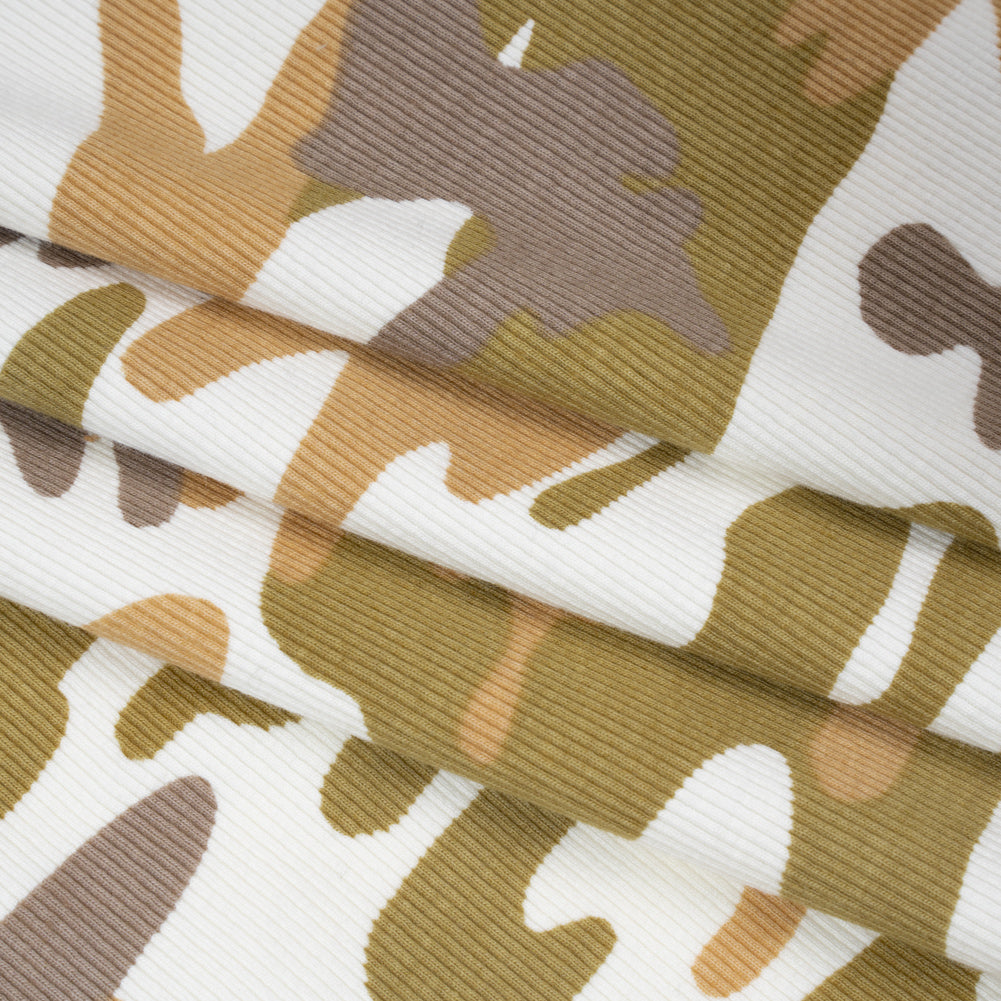 Stretch Cotton 2x2 Rib Knit Print - Cream, Beige and Olive Camouflage - Deadstock Folded