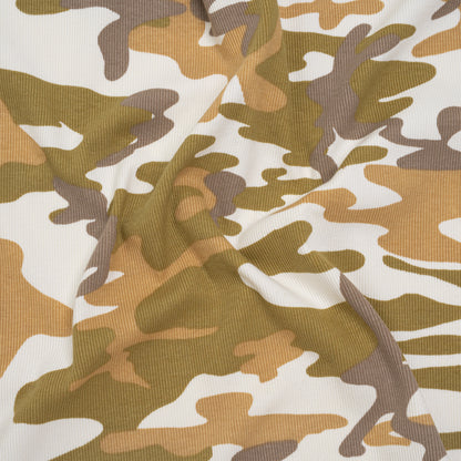 Stretch Cotton 2x2 Rib Knit Print - Cream, Beige and Olive Camouflage - Deadstock