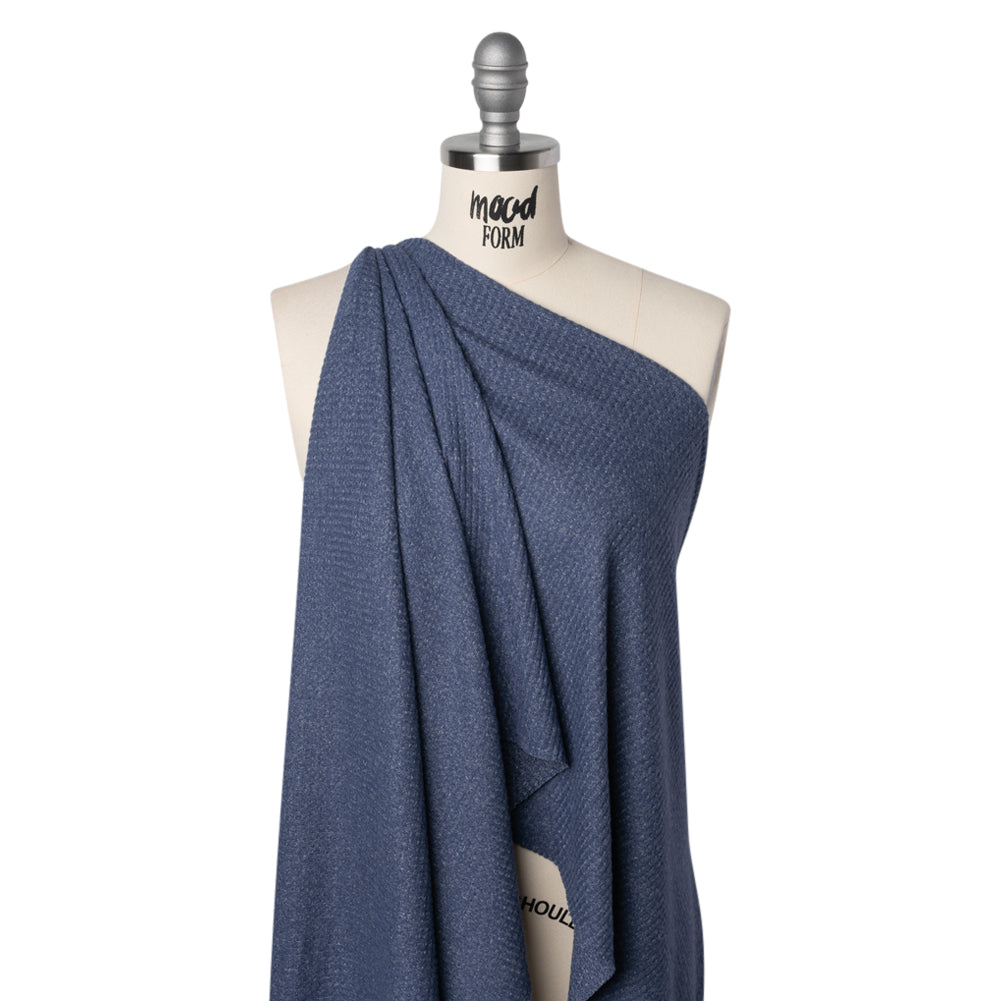 Brushed Stretch Rayon and Polyester Waffle Sweater Knit - Heathered Cadet Blue - Deadstock - Drape