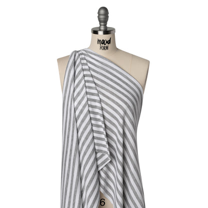 Cotton and Polyester 1x1 Rib Knit - Heathered Gray and White Stripes - Deadstock Drape