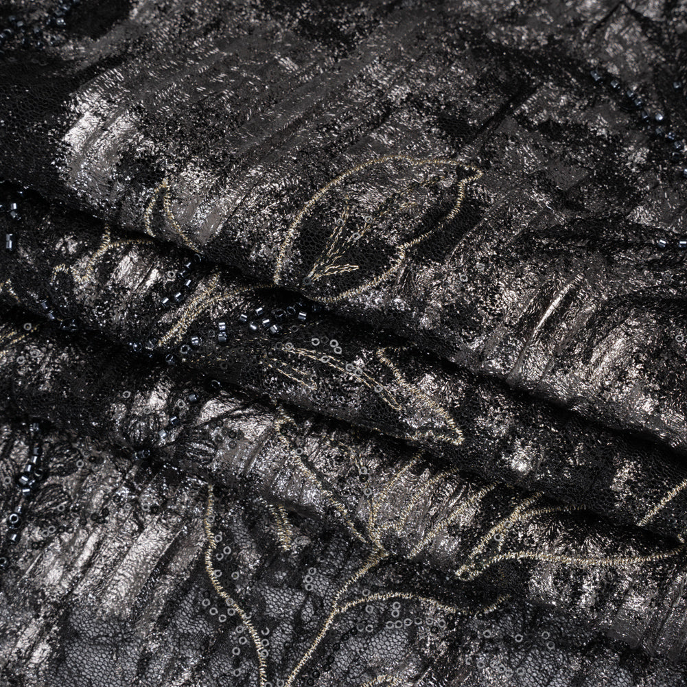 Metallic Foiled Plisse Lace with Embroidery and Beading on Tulle Backing - Black, Gunmetal and White Gold Trailing Leafy Vines Folded
