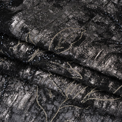 Metallic Foiled Plisse Lace with Embroidery and Beading on Tulle Backing - Black, Gunmetal and White Gold Trailing Leafy Vines Folded