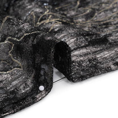Metallic Foiled Plisse Lace with Embroidery and Beading on Tulle Backing - Black, Gunmetal and White Gold Trailing Leafy Vines Detail