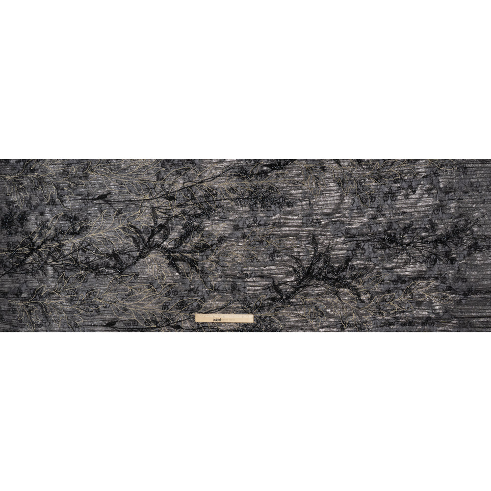 Metallic Foiled Plisse Lace with Embroidery and Beading on Tulle Backing - Black, Gunmetal and White Gold Trailing Leafy Vines - Full