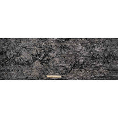 Metallic Foiled Plisse Lace with Embroidery and Beading on Tulle Backing - Black, Gunmetal and White Gold Trailing Leafy Vines - Full
