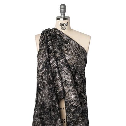 Metallic Foiled Plisse Lace with Embroidery and Beading on Tulle Backing - Black, Gunmetal and White Gold Trailing Leafy Vines Drape