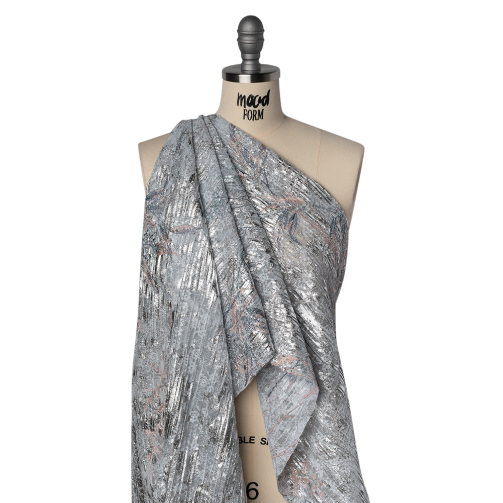 Metallic Foiled Plisse Lace with Embroidery and Beading on Tulle Backing - Light Blue, Silver, and Pale Pink Flowering Branches Drape