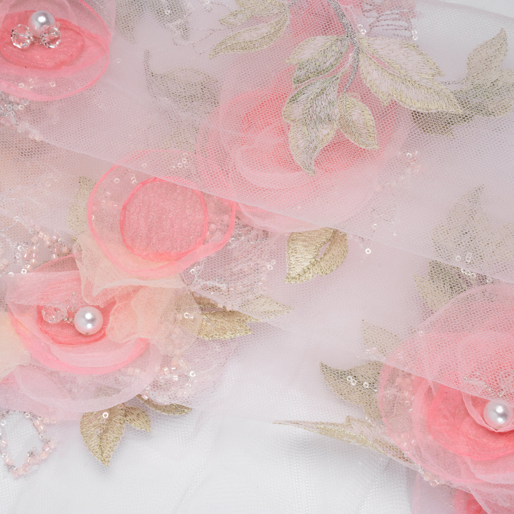 Embroidered and Beaded Tulle with 3D Fabric and Ribbon Flowers - Pink, Silver and Green Floral Folded