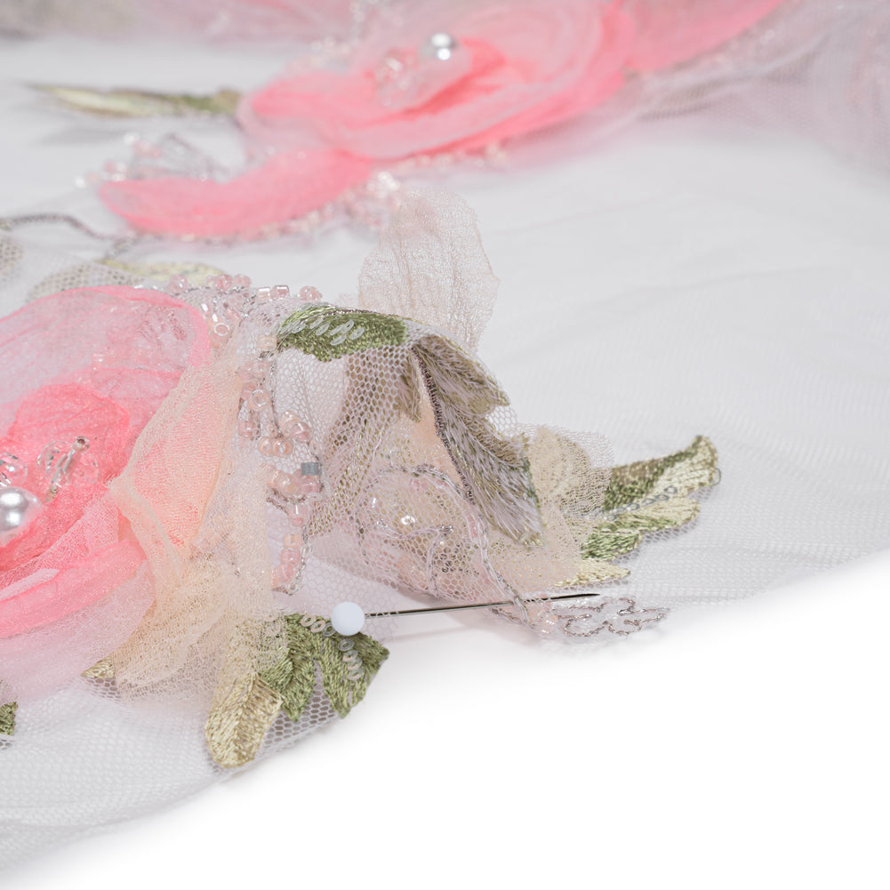 Embroidered and Beaded Tulle with 3D Fabric and Ribbon Flowers - Pink, Silver and Green Floral Detail
