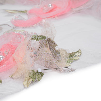 Embroidered and Beaded Tulle with 3D Fabric and Ribbon Flowers - Pink, Silver and Green Floral Detail