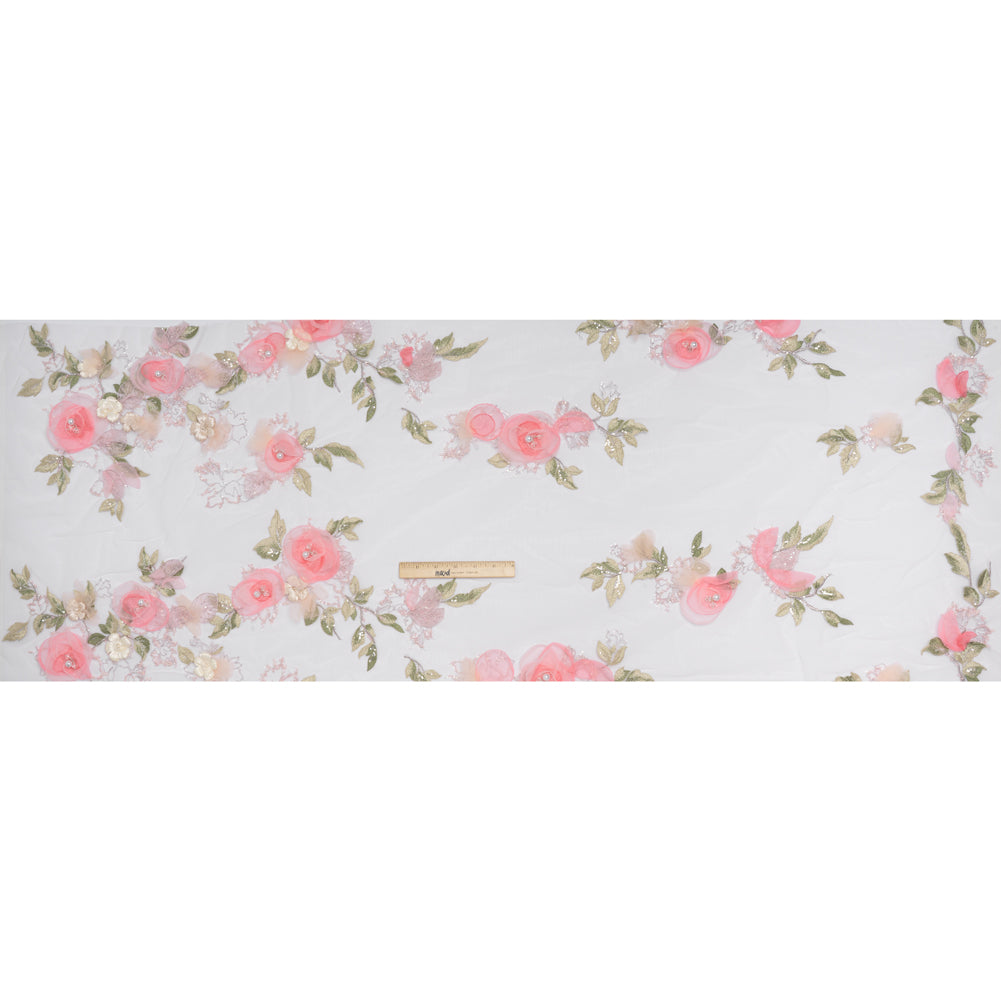 Embroidered and Beaded Tulle with 3D Fabric and Ribbon Flowers - Pink, Silver and Green Floral - Full
