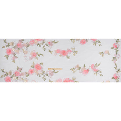 Embroidered and Beaded Tulle with 3D Fabric and Ribbon Flowers - Pink, Silver and Green Floral - Full
