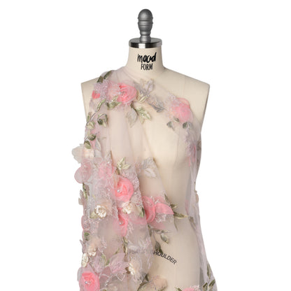 Embroidered and Beaded Tulle with 3D Fabric and Ribbon Flowers - Pink, Silver and Green Floral Drape