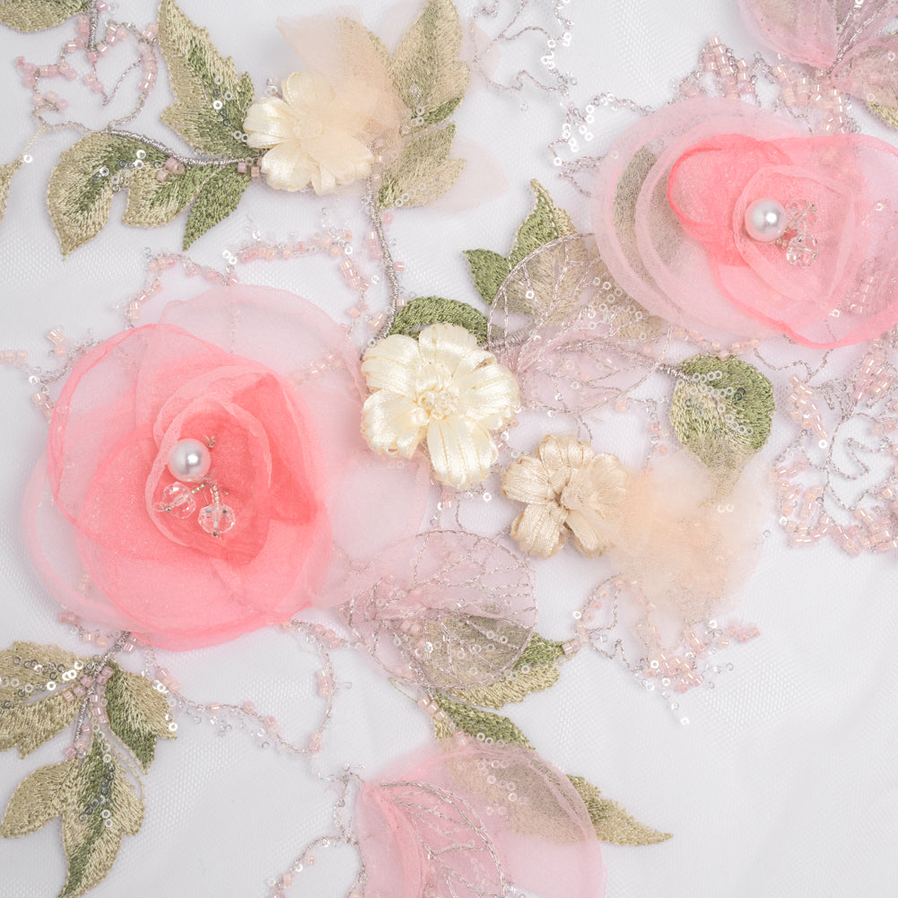 Embroidered and Beaded Tulle with 3D Fabric and Ribbon Flowers - Pink, Silver and Green Floral