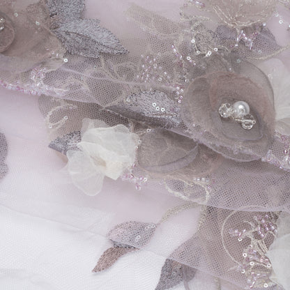 Embroidered and Beaded Tulle with 3D Fabric and Ribbon Flowers - Lilac, Gray and Silver Floral Folded