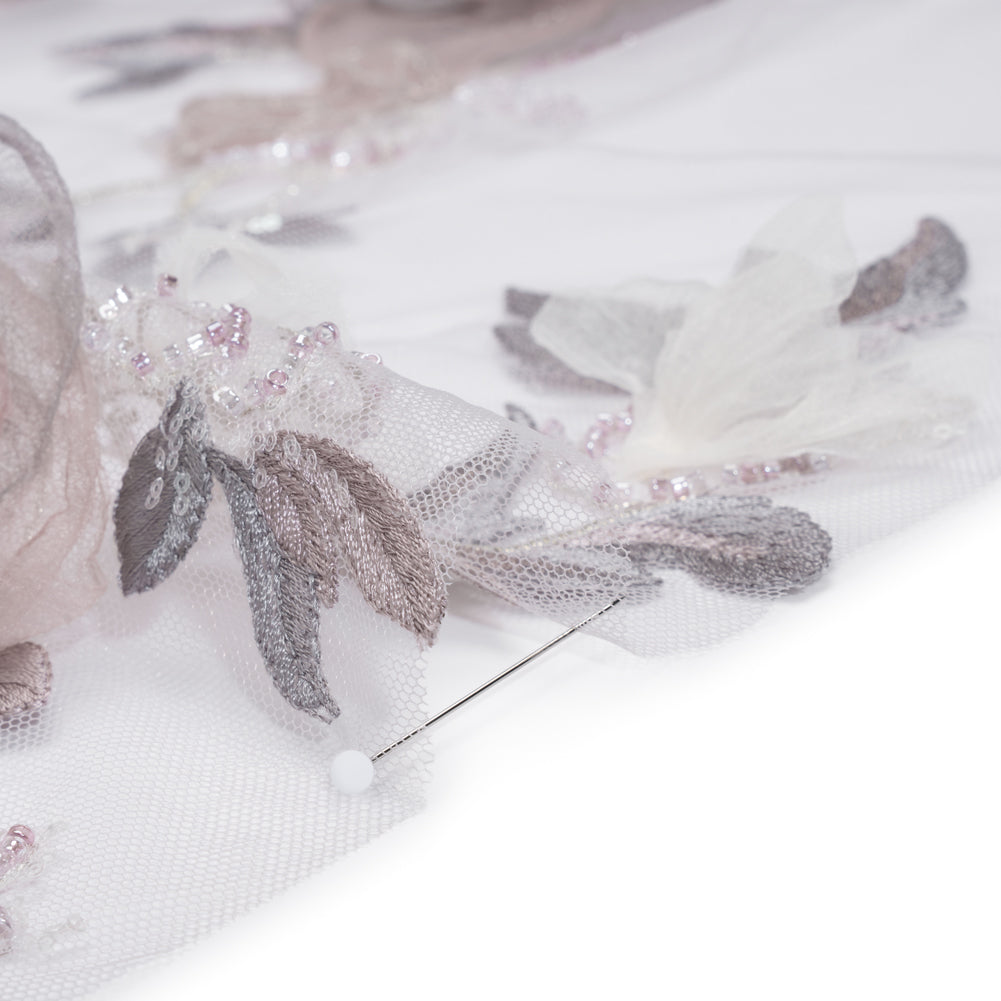 Embroidered and Beaded Tulle with 3D Fabric and Ribbon Flowers - Lilac, Gray and Silver Floral Detail